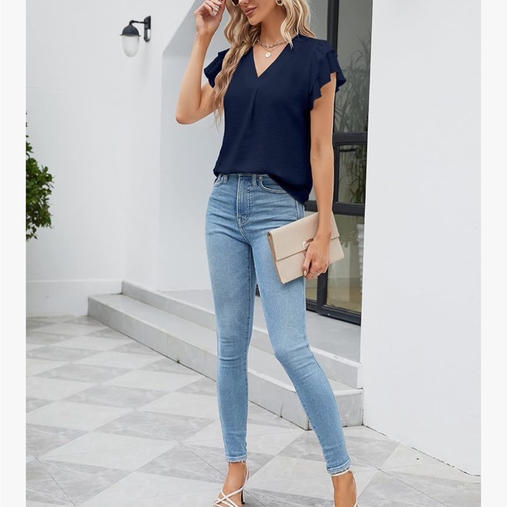 Navy Ruffle Sleeve Blouse - Picture 3 of 3